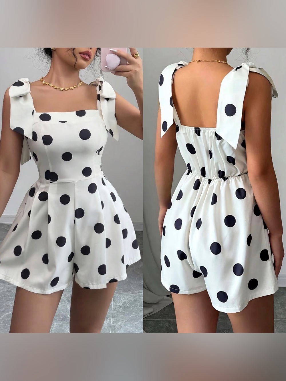 Polka Dot Tie-Shoulder White Romper Dress